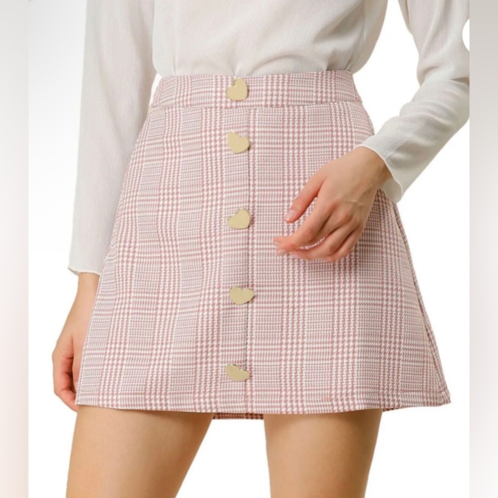 Allegra K Plaid Houndstooth High Waist Check A-Line Mini Skirt (Pink)